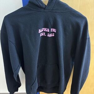 Gildan Black Hoodie with Pink Alpha Phi Print
